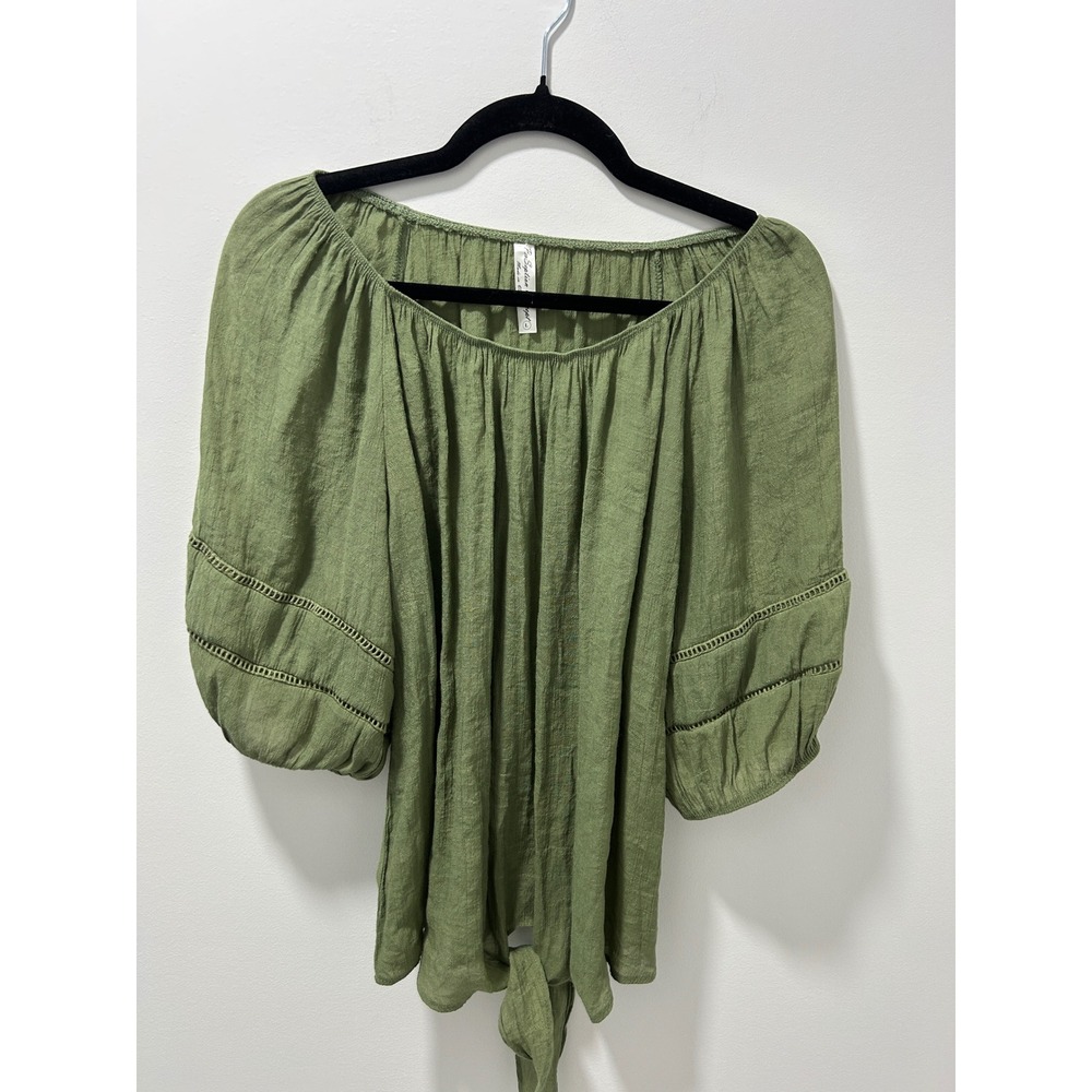 Perception Concept Olive Green Balloon Sleeve Tie Front Peasant Blouse Large